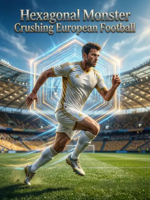 Hexagonal monster crushing European football cover